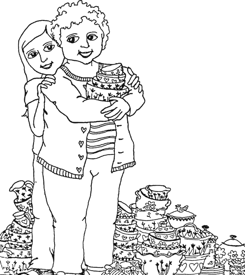 Line drawing of Phyllis and Jennifer hugging, surrounded by stacks of hand-painted pots