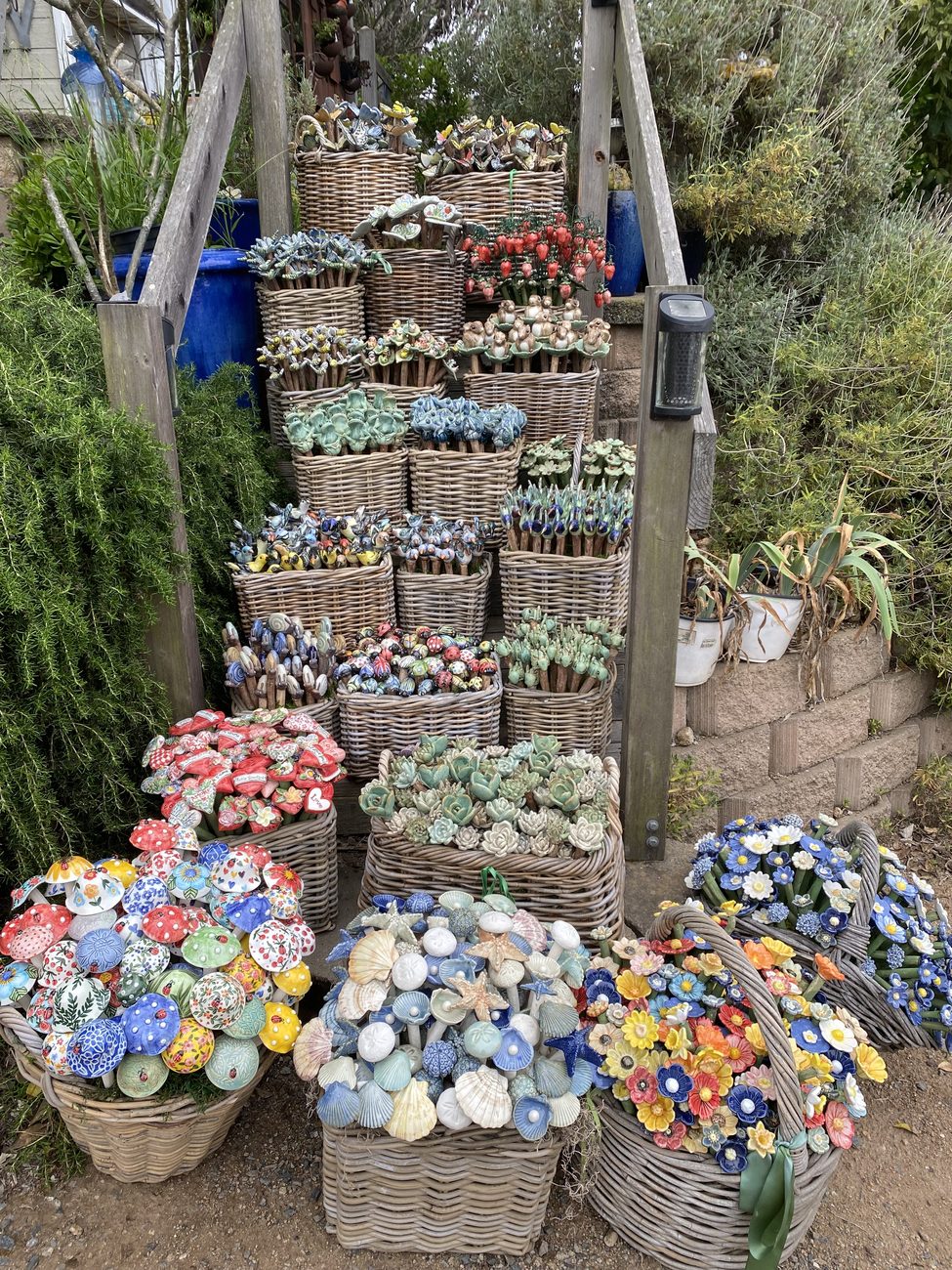 Baskets of garden stakes on the steps